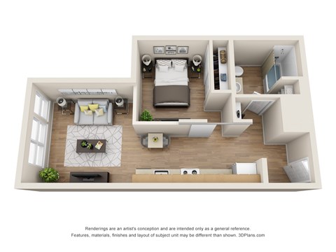 Floor plan for 1 bed, 1 bath, 648 sqft